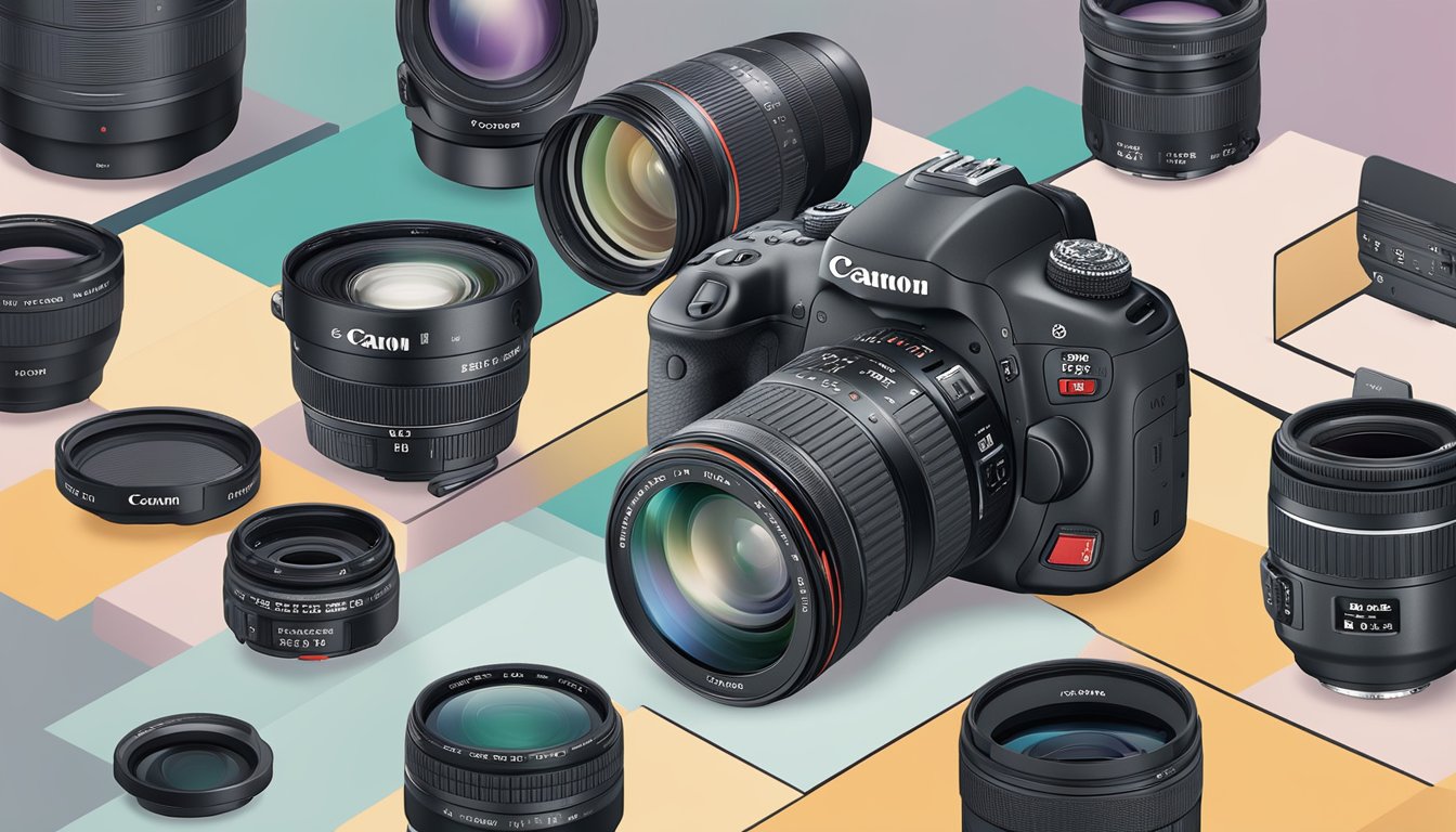 A camera lens surrounded by various frequently asked questions about buying Canon lenses in Singapore