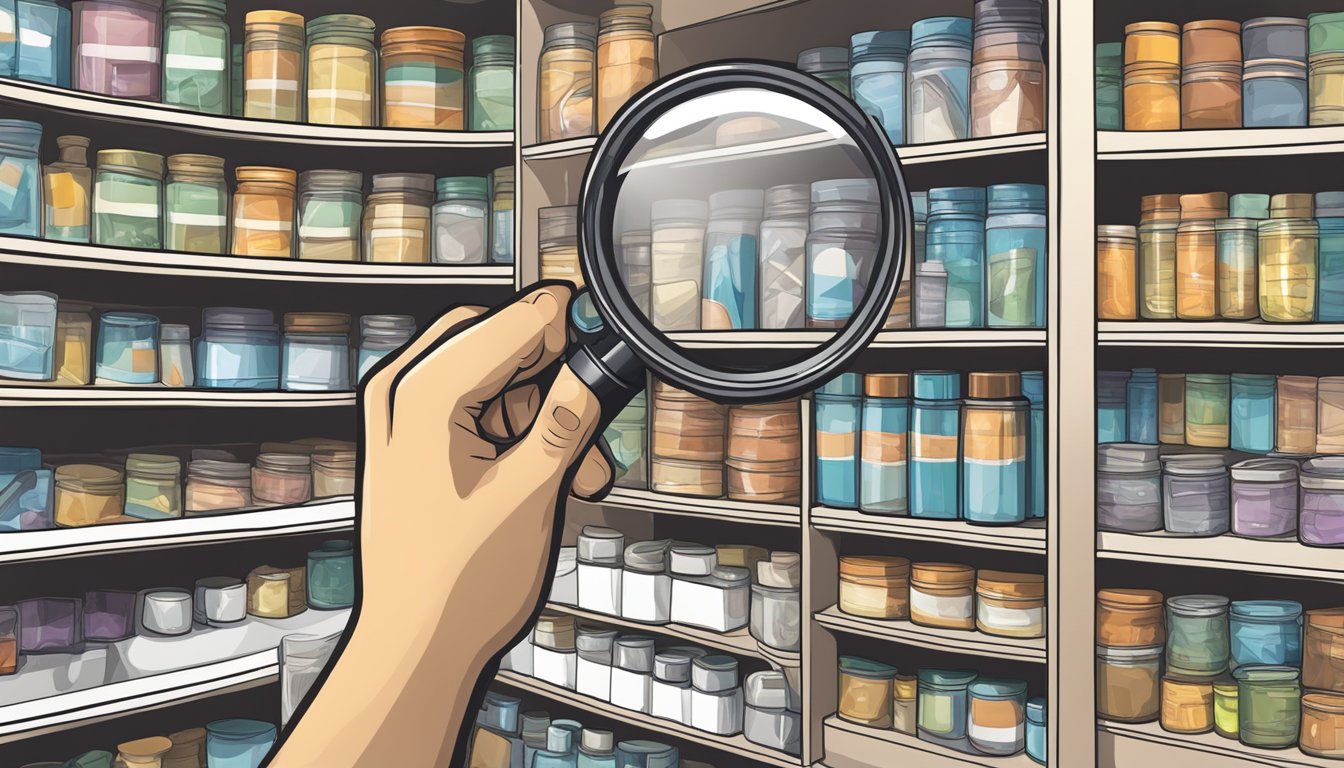 A hand reaches for a magnifying glass on a store shelf, with various options displayed in the background