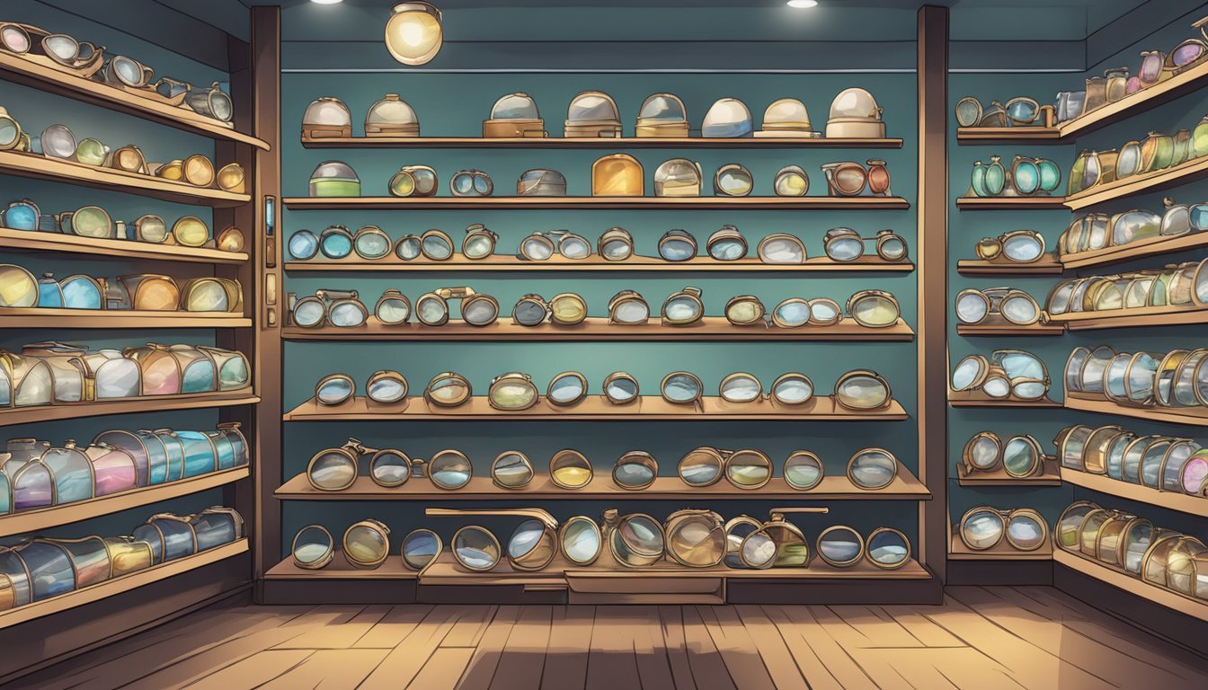 A well-lit store in Singapore displays magnifying glasses for sale