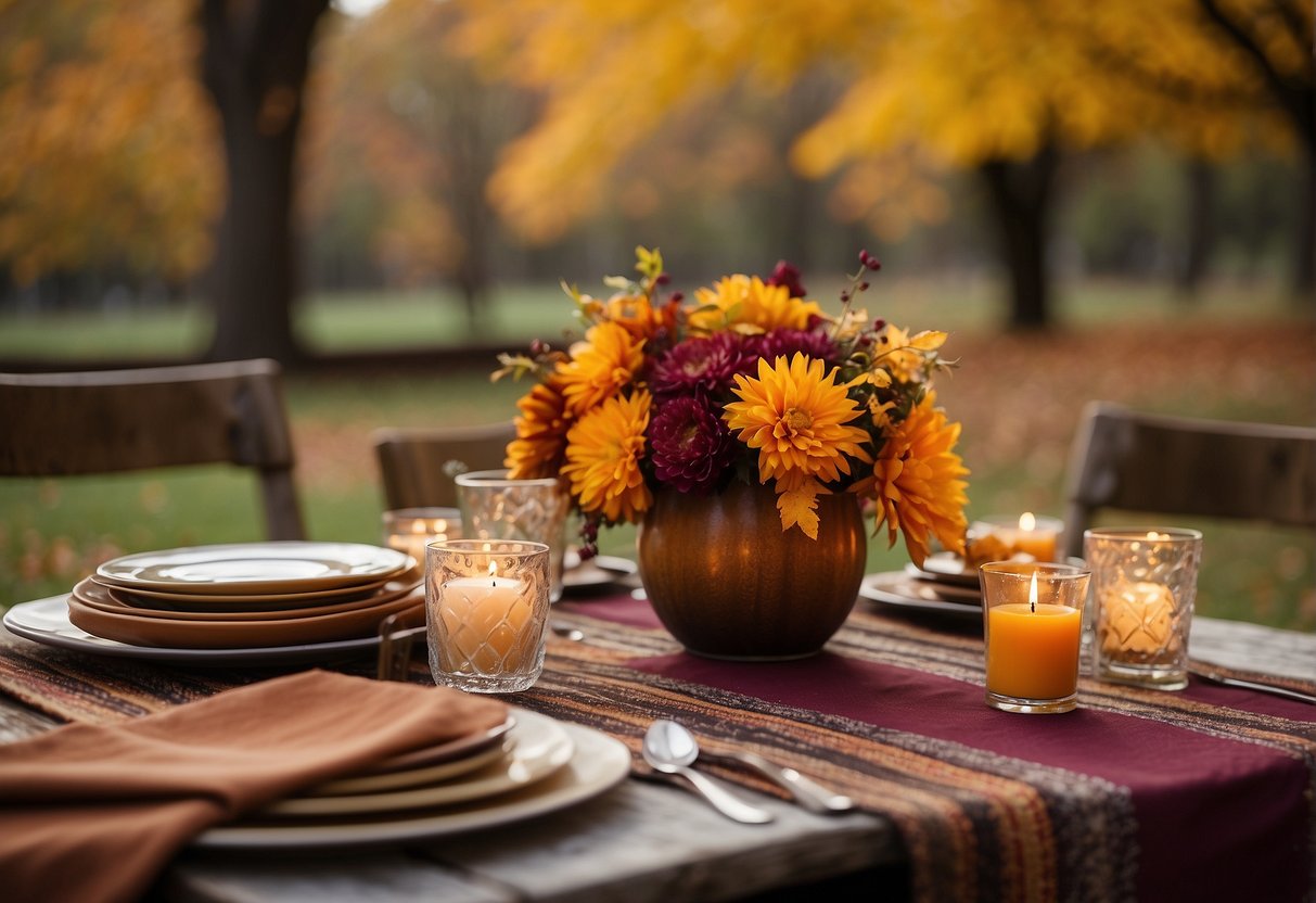 A table with a variety of fabric swatches in rich fall colors and patterns, surrounded by autumn foliage and a rustic outdoor setting