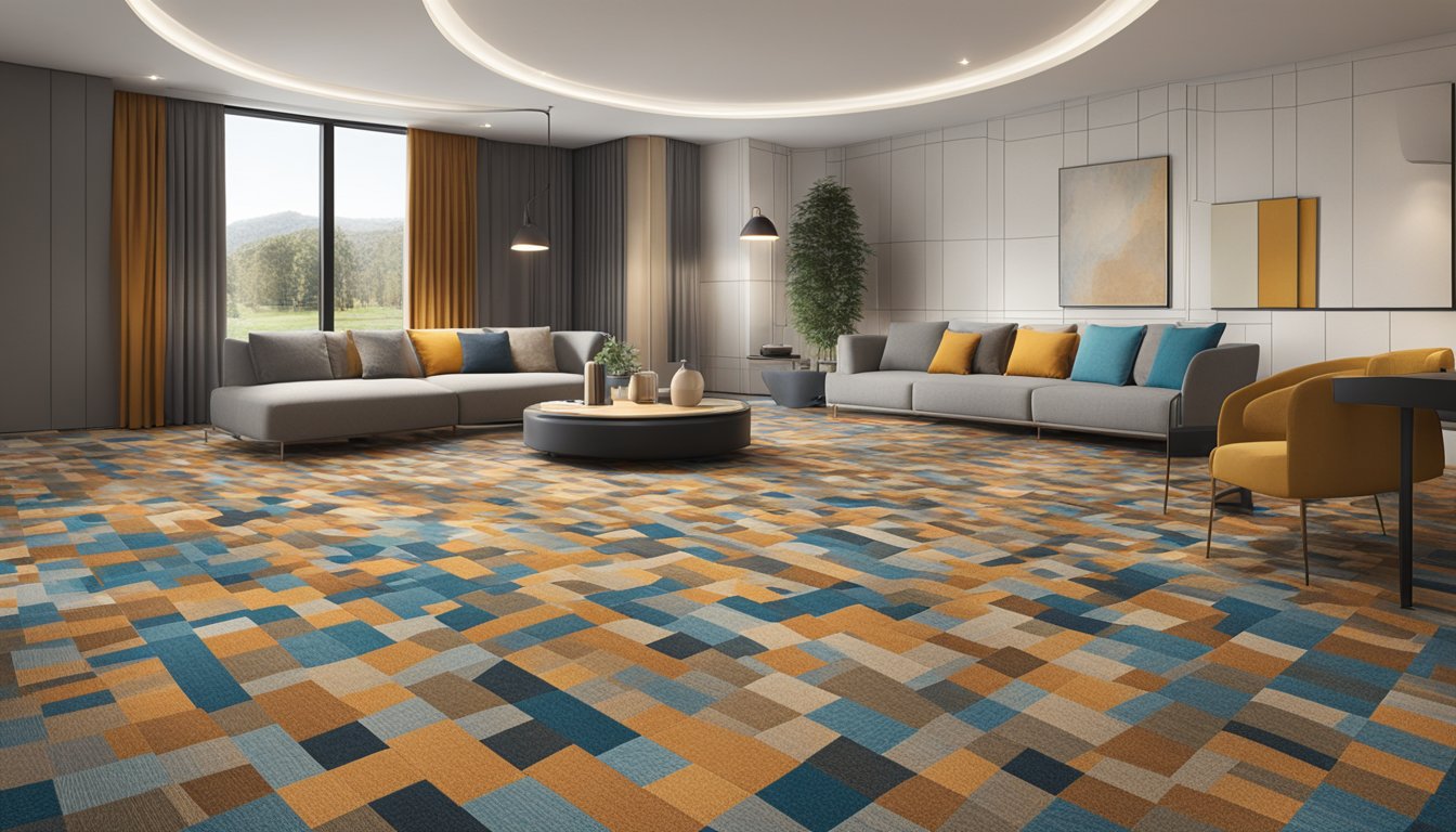 A room with various patterns of carpet tiles laid out in a creative and versatile way, showcasing the different design options available