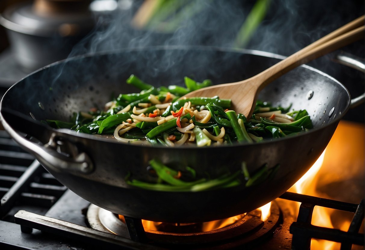 A wok sizzles as kangkong is stir-fried with garlic, soy sauce, and chili. Steam rises as the vibrant green leaves wilt and absorb the savory flavors