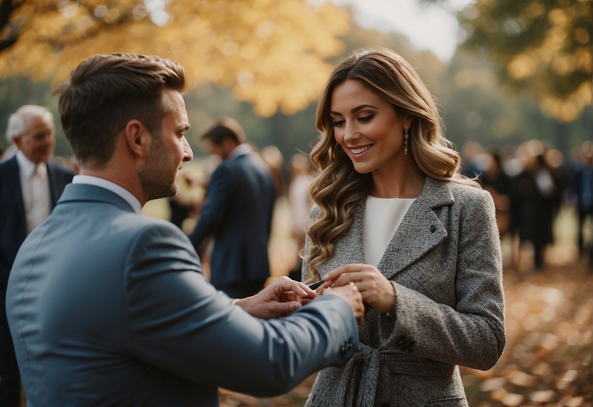 Guests adding final touches to fall wedding attire outdoors