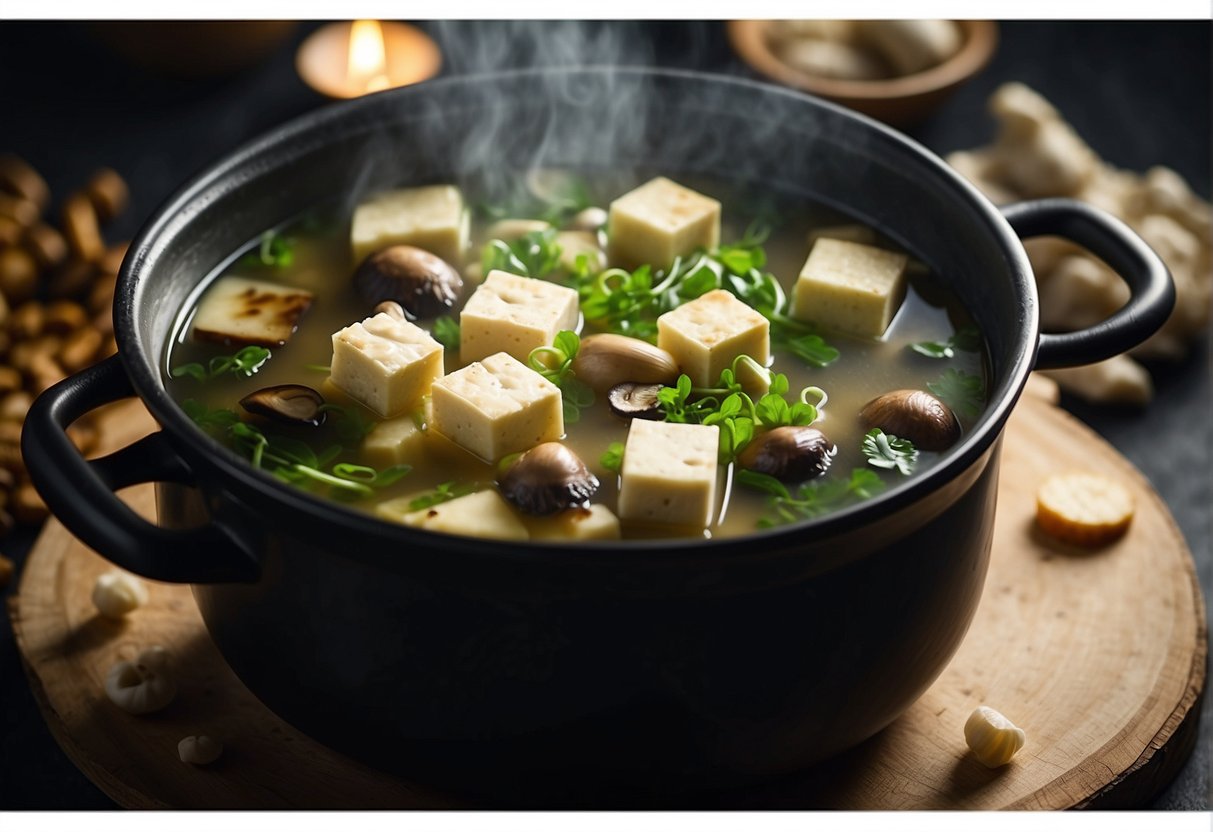 A pot of simmering kelp soup with floating tofu, mushrooms, and green onions. Steam rises from the fragrant broth