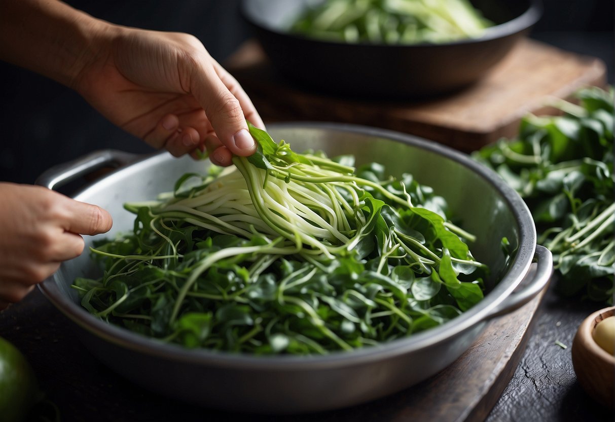 A hand reaches for fresh kangkong, washing and chopping it for a Chinese recipe
