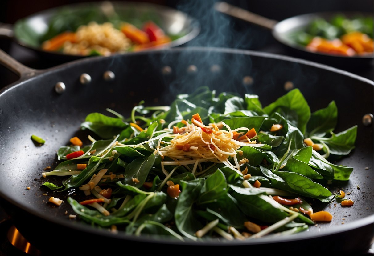 Fresh kangkong leaves being stir-fried in a wok with garlic, chili, and soy sauce, creating aromatic steam and vibrant colors