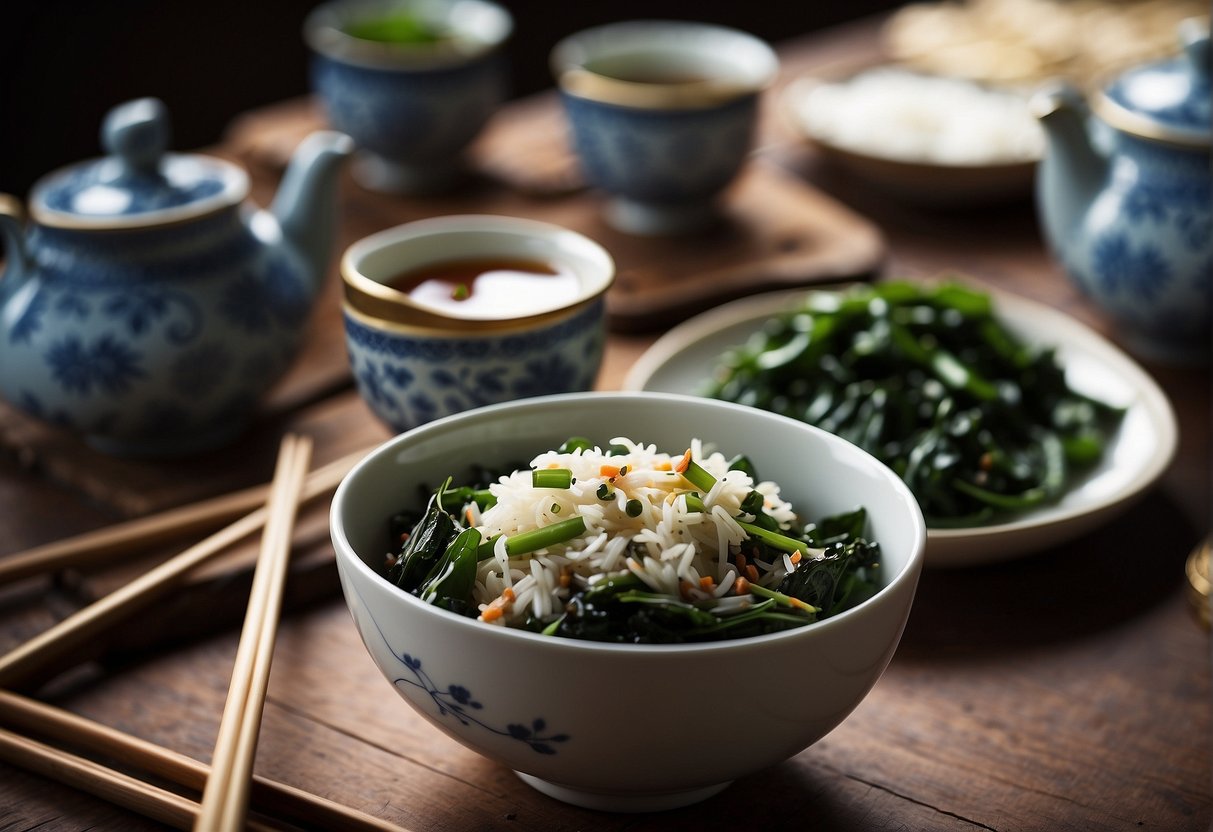 A table set with a plate of stir-fried kangkong, a bowl of steamed rice, and a pair of chopsticks. A teapot and teacup are also on the table