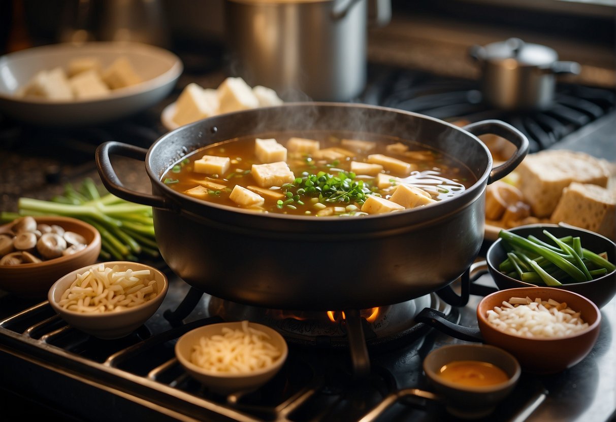 A pot simmering on a stove, filled with broth, kelp, mushrooms, and tofu. A table nearby holds soy sauce, sesame oil, and green onions