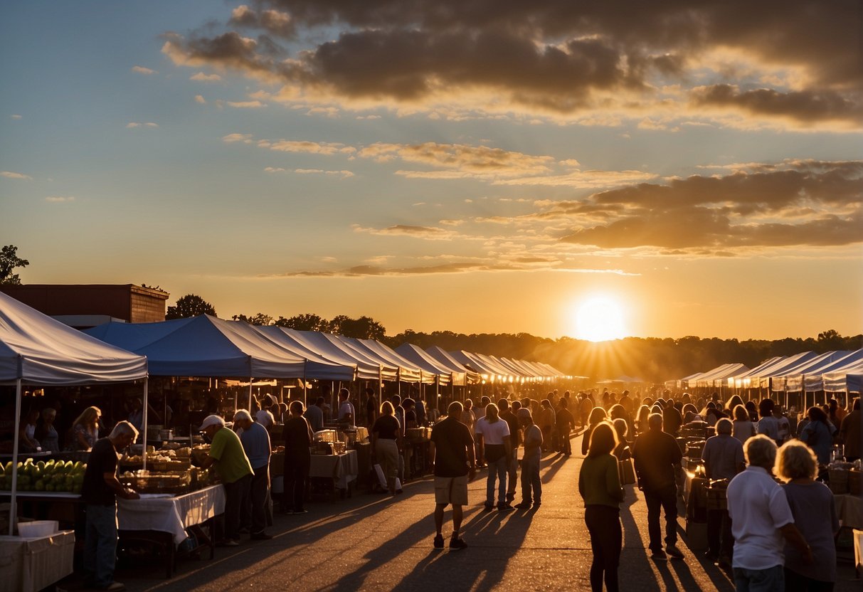 The sun rises over the Hartville Outdoor Flea Market, casting a warm glow on the rows of vendor booths and bustling activity as the market opens for the day