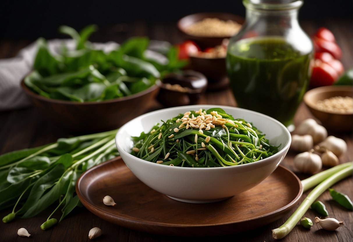 Fresh kangkong leaves and stems arranged next to a bowl of soy sauce, garlic, and chili flakes. A nutritional information label is displayed prominently