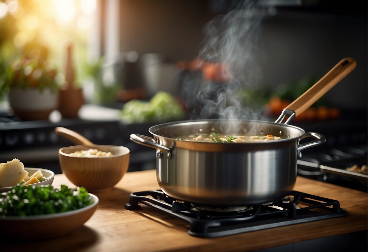 A pot simmers on a stove. Ingredients like kelp, mushrooms, and tofu sit nearby. A ladle and bowls are ready for serving