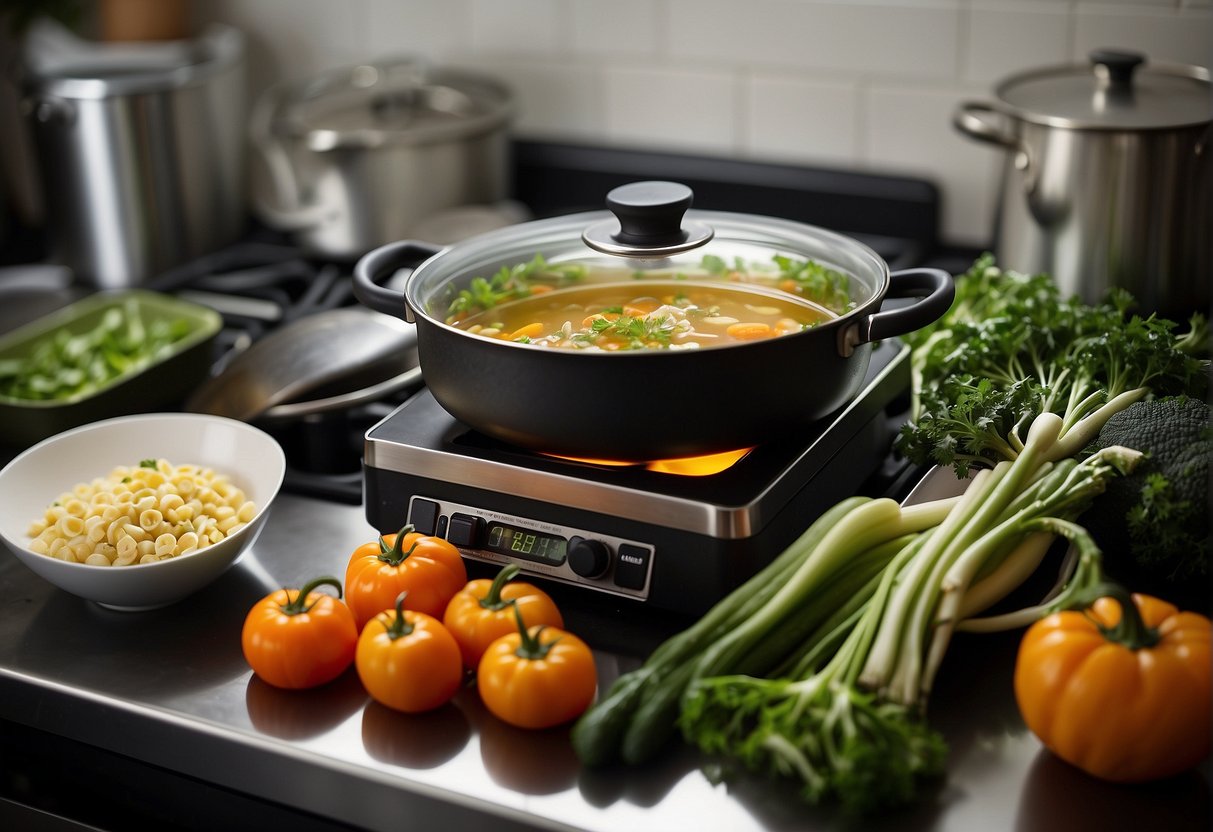 A pot simmers on a stove, filled with broth, kelp, and various vegetables. Ingredients are neatly arranged on a counter nearby