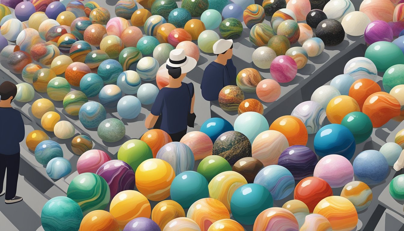 A bustling market stall displays an array of colorful marble balls in Singapore. Shoppers browse the selection, while the vendor arranges the smooth spheres in neat rows