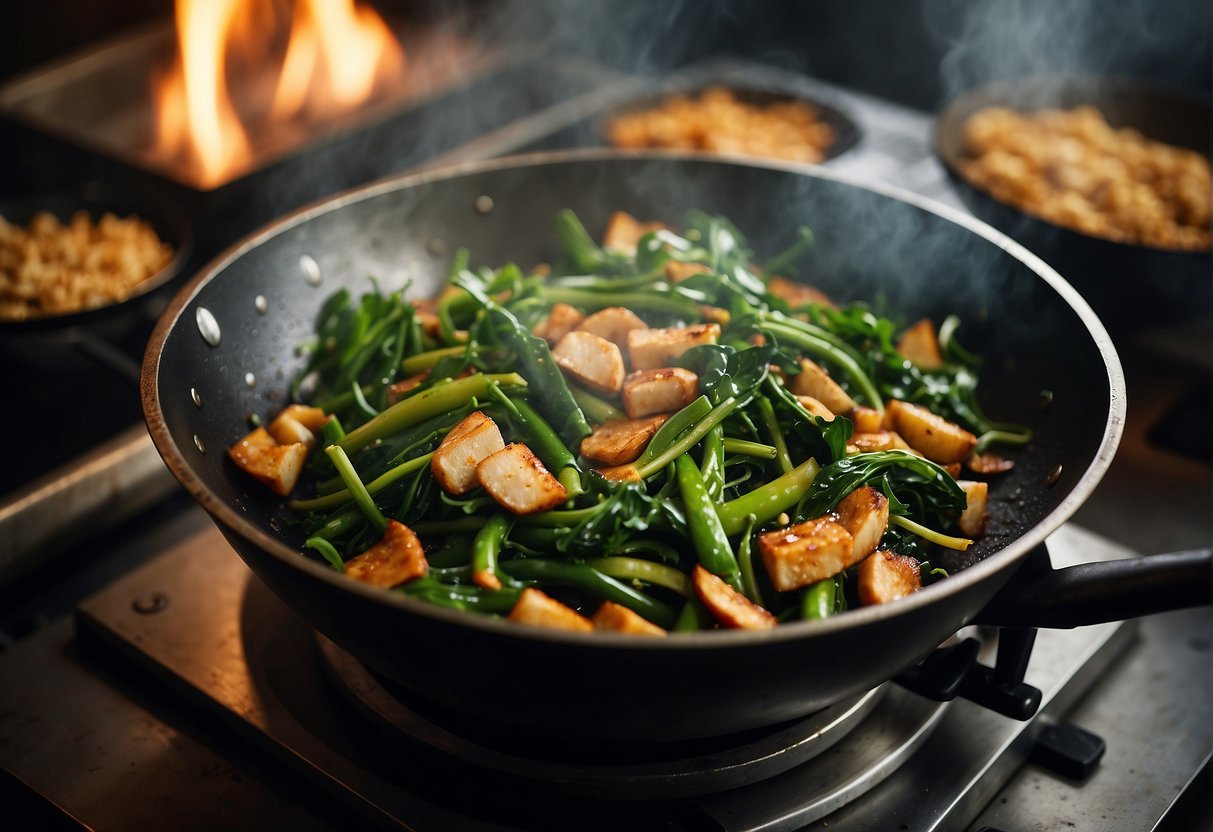 A wok sizzles with stir-fried kangkong. Ingredients and utensils surround the cooking area. A printed recipe for Chinese kangkong is visible nearby