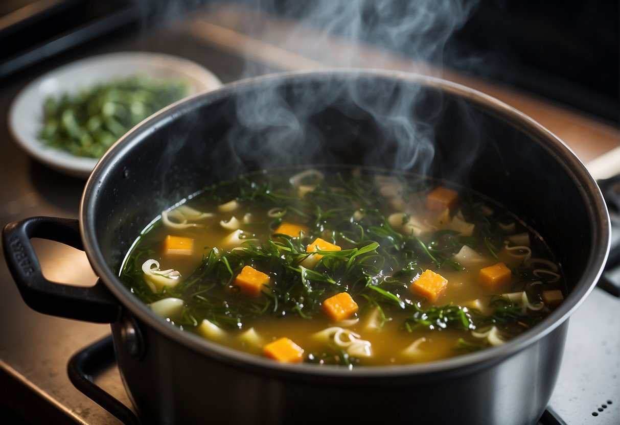 A pot simmers on the stove, filled with broth, kelp, and seasonings. Steam rises as the ingredients meld together, creating a fragrant and savory Chinese kelp soup