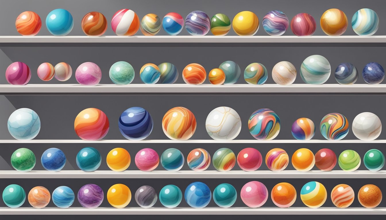 A colorful display of marble balls in various sizes and patterns fills the shelves of a well-lit shop in Singapore, with a sign advertising the best selection in the city