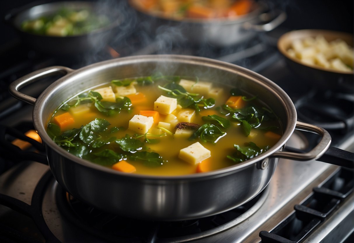 A pot of Chinese kelp soup simmers on a stove, filled with nutritious ingredients like kelp, tofu, and vegetables. Steam rises from the pot, and the aroma of savory broth fills the air
