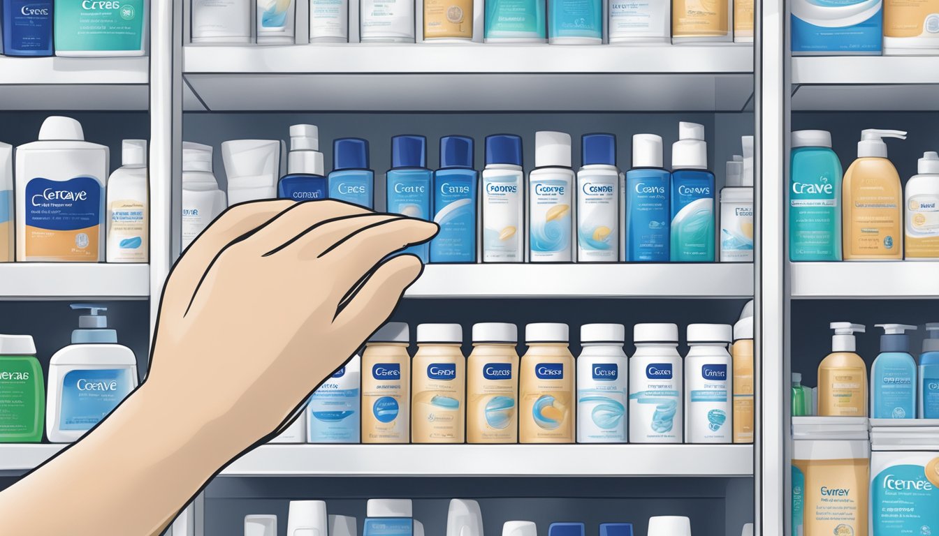 A hand reaching for a bottle of Cerave moisturizer on a shelf in a Singaporean pharmacy