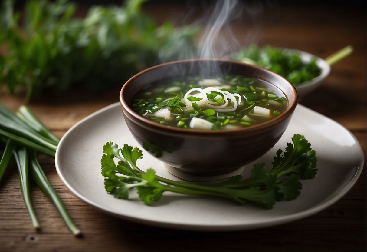 A steaming bowl of Chinese kelp soup sits on a wooden table, garnished with green onions and floating pieces of tender kelp