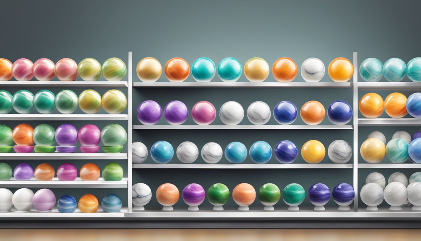 A sleek marble ball display in a well-lit store, with a variety of sizes and colors neatly arranged on shelves, accompanied by clear price tags