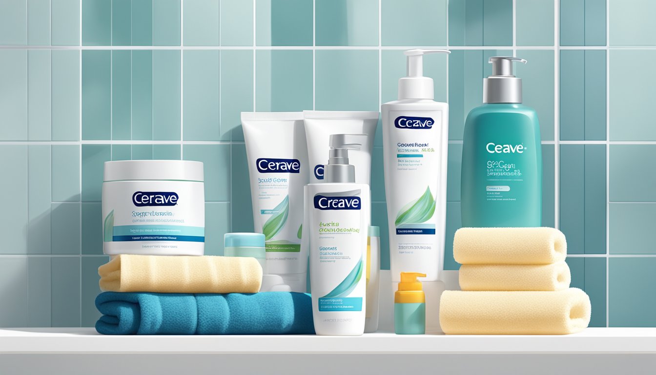 A clean, modern bathroom shelf with CeraVe skincare products neatly arranged, a soft towel draped nearby