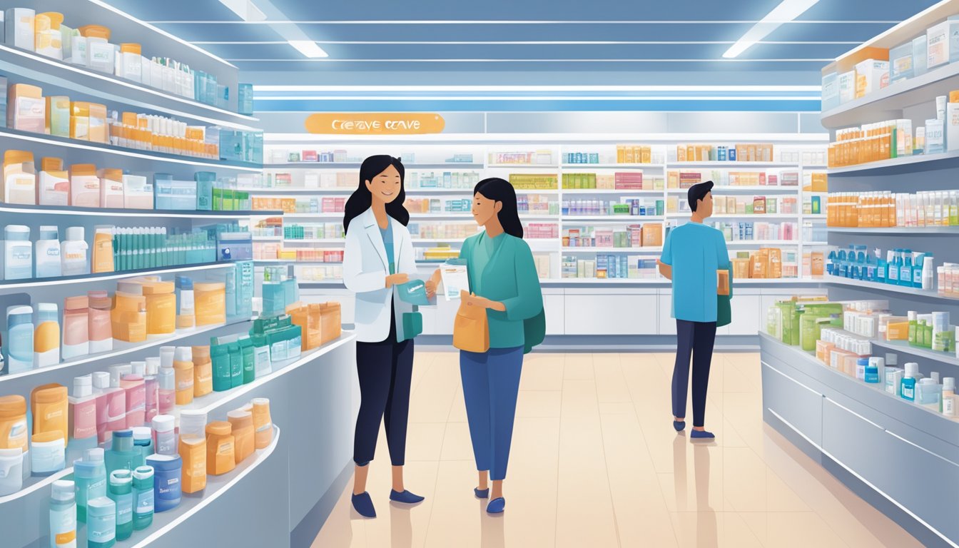 A bustling Singaporean pharmacy displays CeraVe products on its well-lit shelves. Customers browse the skincare aisle, eyeing the popular brand