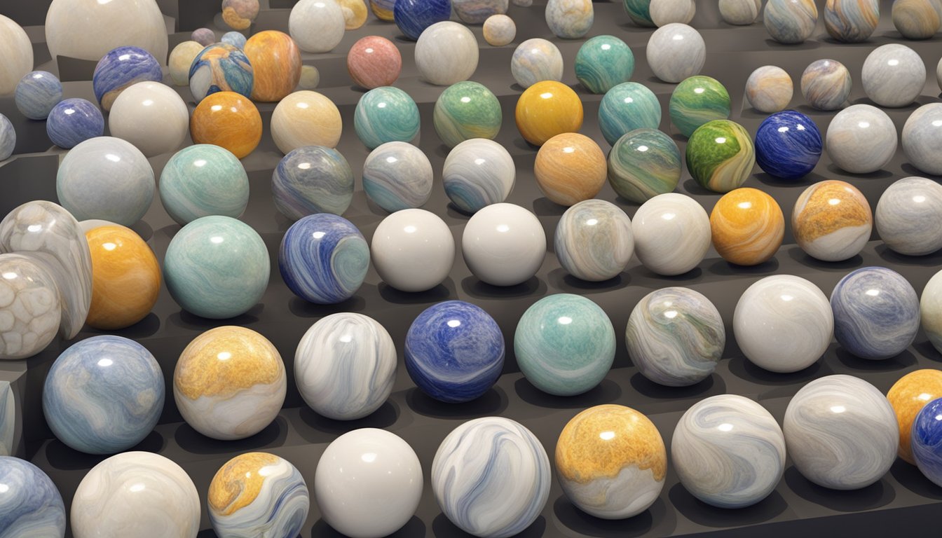 A display of marble balls in various colors and sizes, with price tags, at a store in Singapore