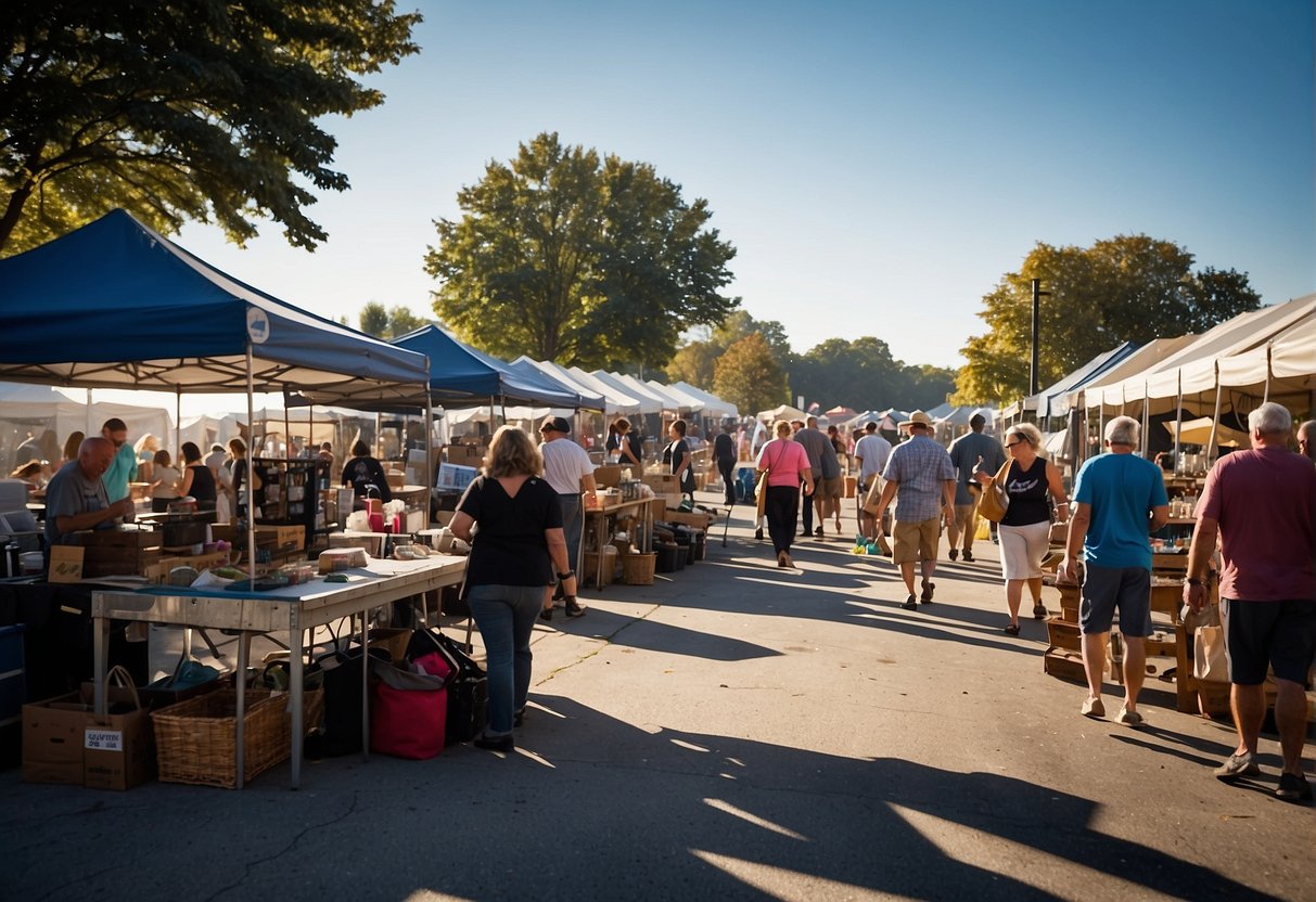 The Hartville Outdoor Flea Market opens at 7:00 am. The market is bustling with vendors setting up their booths and customers browsing the various items for sale