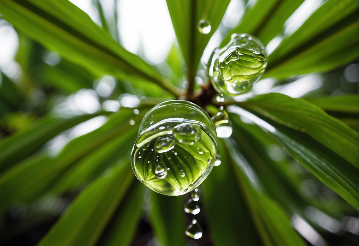 Coconut oil drips onto vibrant green leaves, nourishing and revitalizing the plants