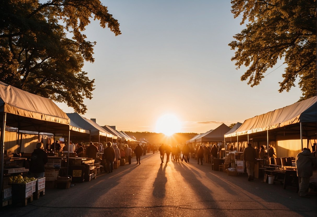 The sun rises over the Hartville Outdoor Flea Market, casting a warm glow on the rows of vendor booths. Signs display the market's opening hours as curious shoppers begin to trickle in