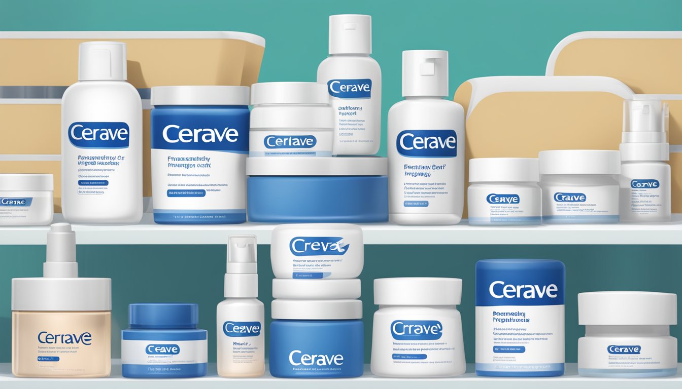 A stack of CeraVe skincare products with a "Frequently Asked Questions" sign in a Singaporean pharmacy