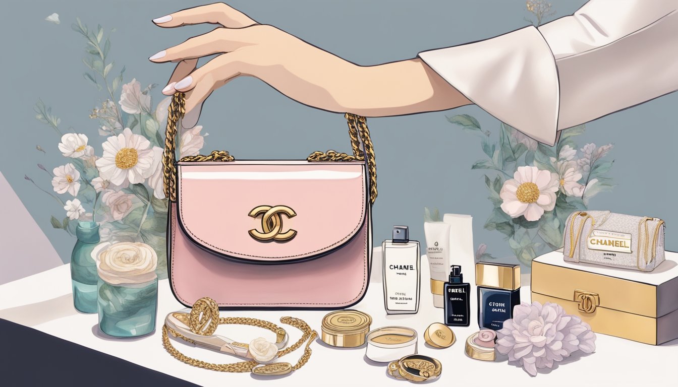 A delicate Chanel bag surrounded by luxury items and a nurturing hand reaching out to it