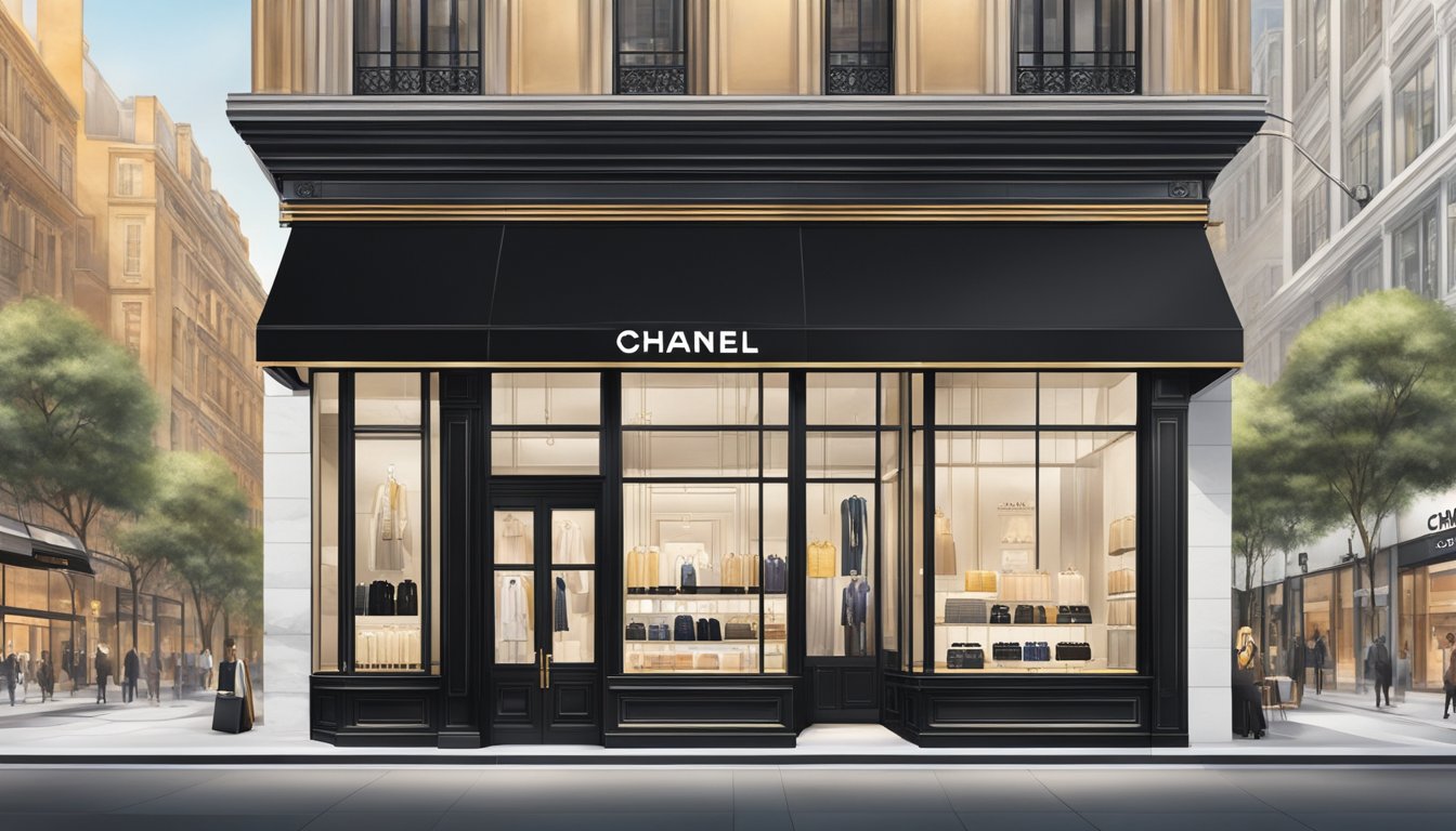 A sleek, modern store front with the Chanel logo prominently displayed, surrounded by a bustling city street