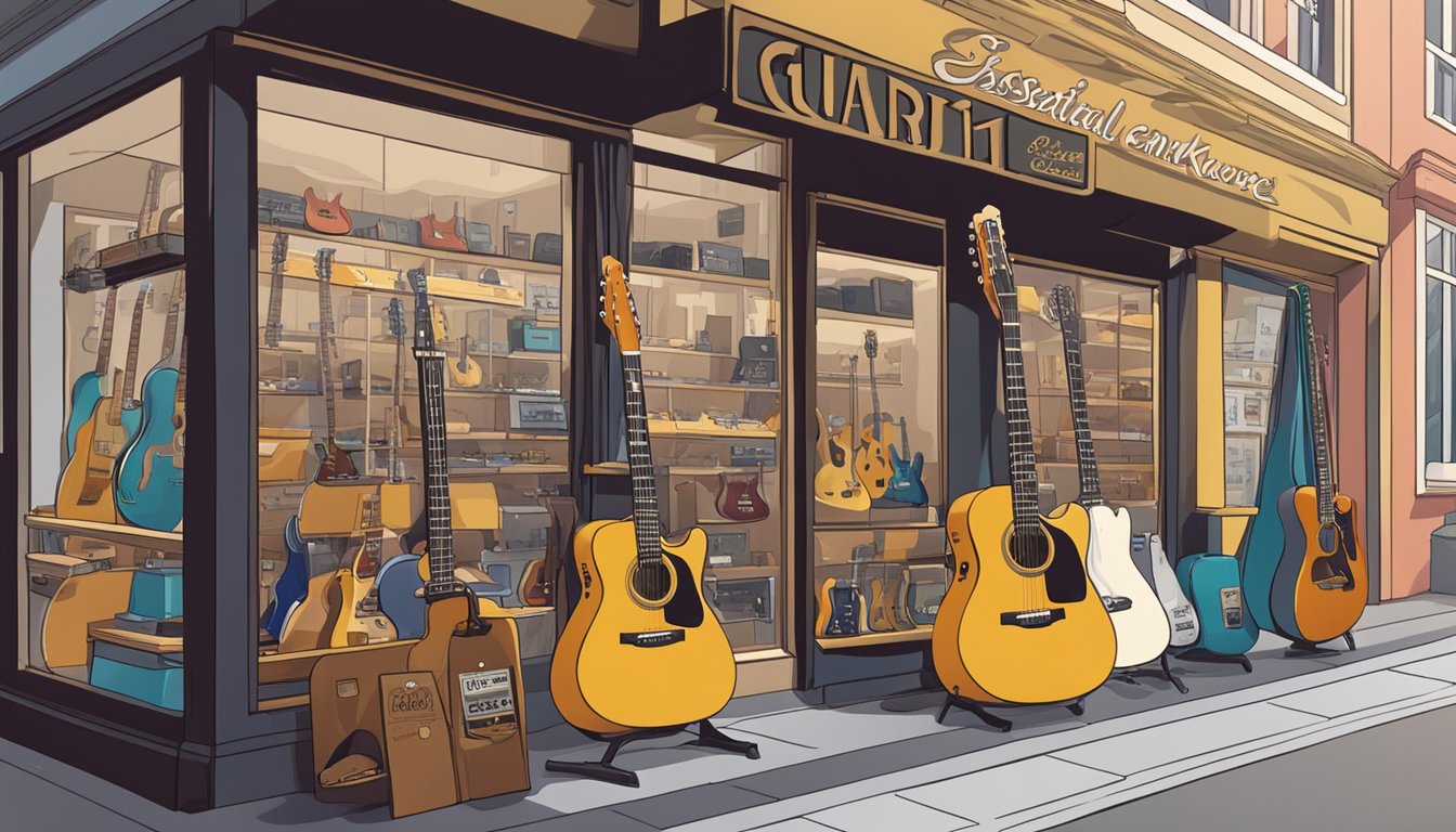 A guitar shop with various models on display, price tags visible. A sign advertises "Essential Guitar Knowledge for Shoppers." Customers browse and ask staff for information