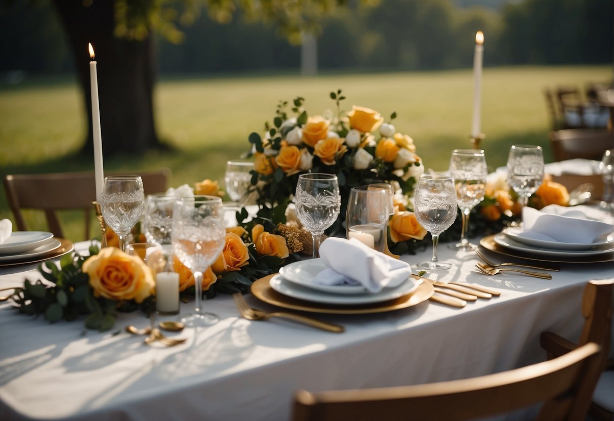 A table set with a variety of accessories and clothing items for an outdoor wedding