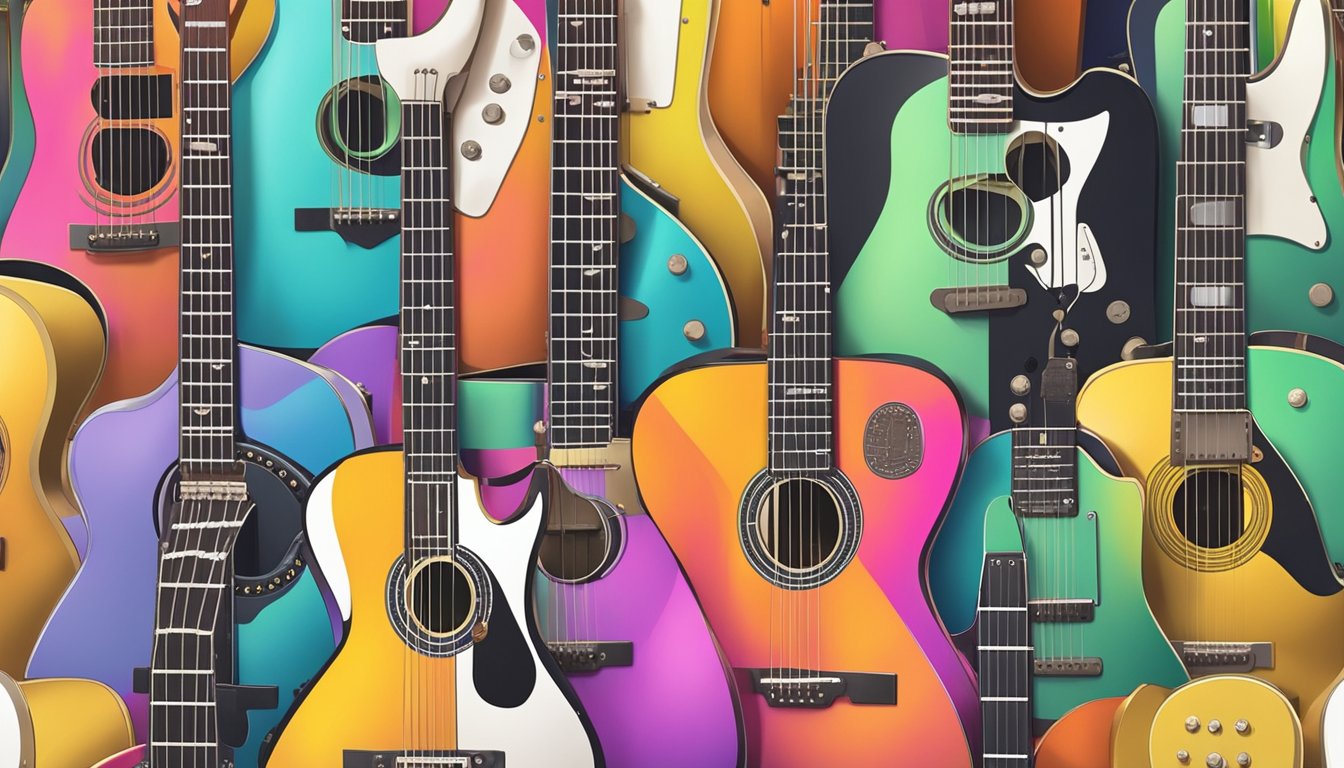 A stack of colorful guitars with price tags, surrounded by customers asking questions to a salesperson