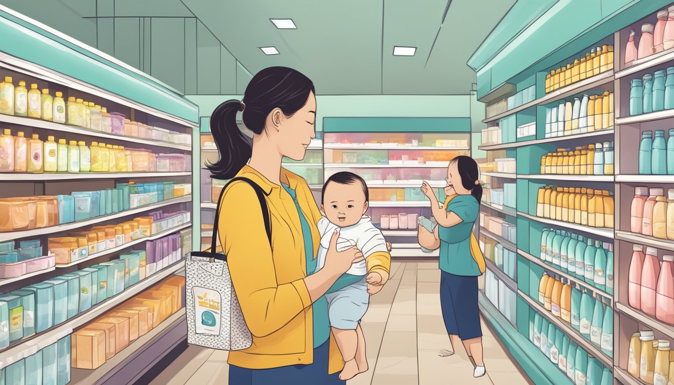 A parent holding a baby bottle with Maymom logo shopping at a Singapore store