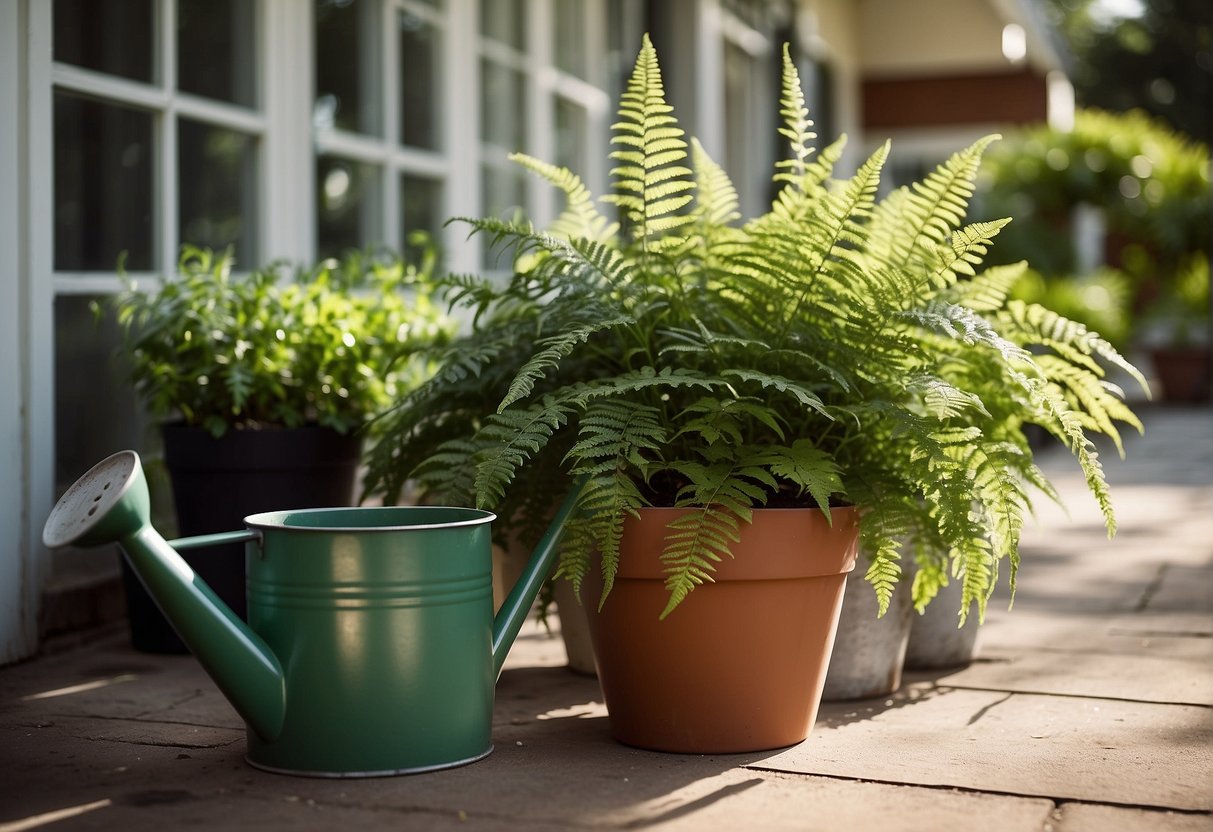 Potted ferns sit on a patio, basking in dappled sunlight. A watering can and fertilizer are nearby, ready for the next care session