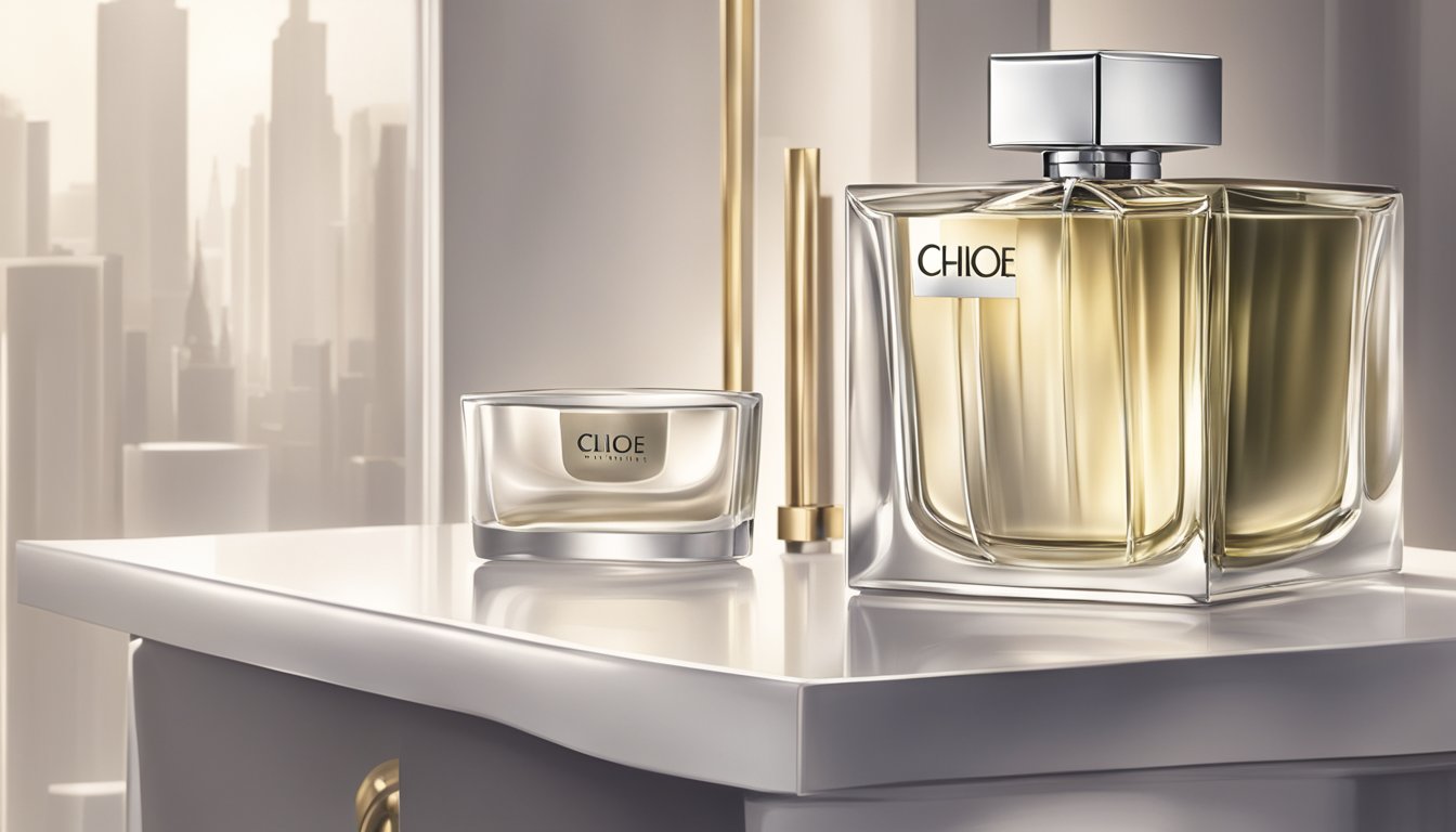 A bottle of Chloe perfume sits on a sleek, modern vanity. Soft lighting highlights the elegant curves of the bottle, creating a sense of luxury and sophistication