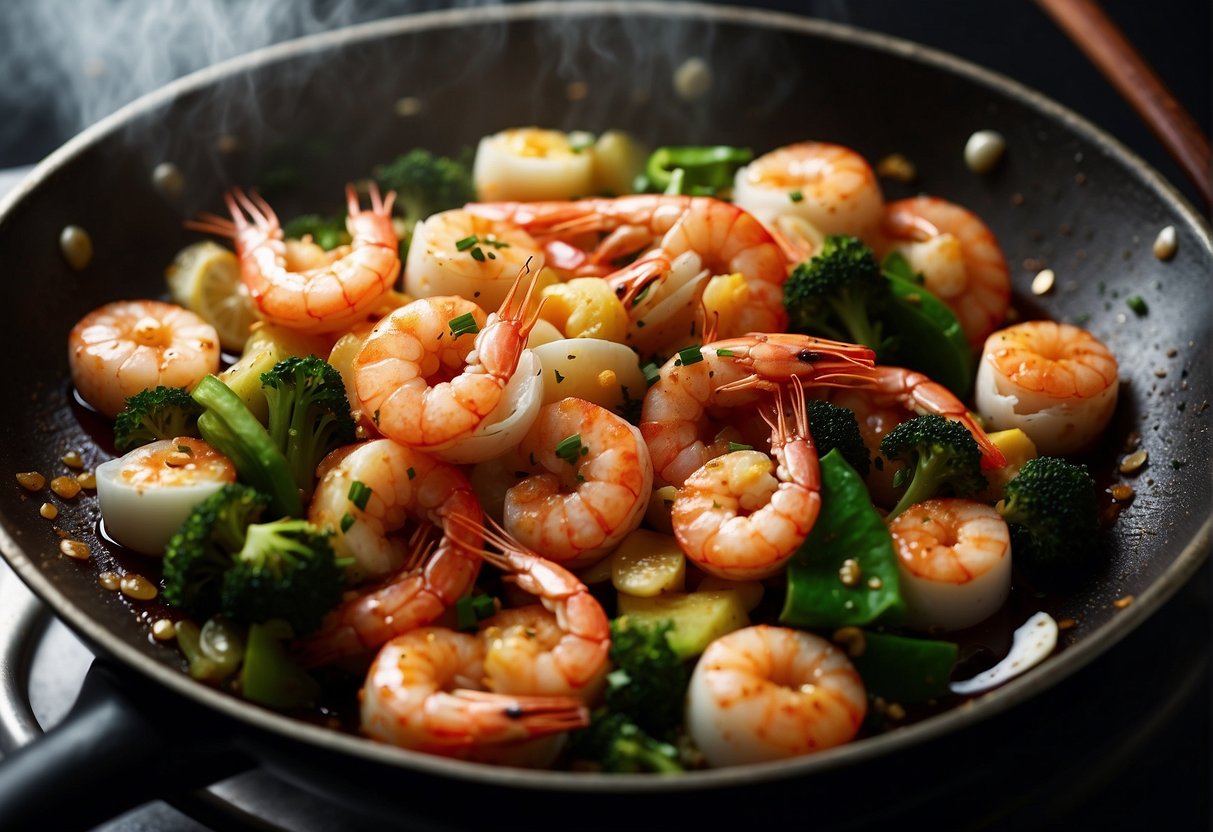 A sizzling hot wok filled with plump king prawns, fluffy eggs, and vibrant Chinese vegetables cooking together in a fragrant blend of soy sauce and aromatic spices