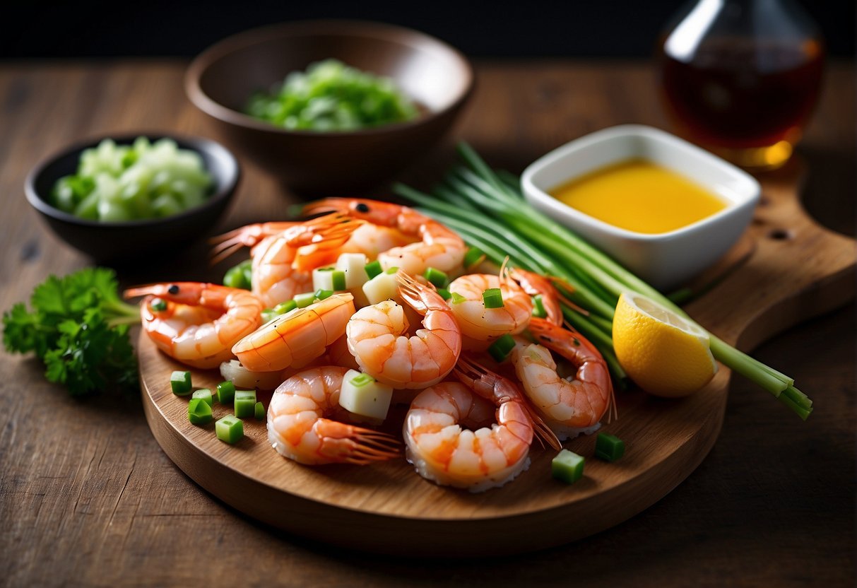 A plate of fresh Chinese king prawns, eggs, spring onions, and soy sauce on a wooden cutting board