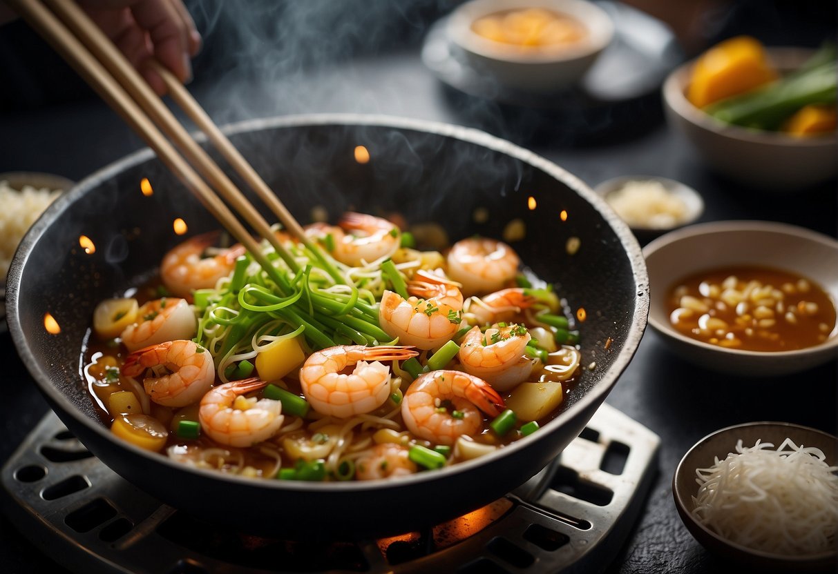 A wok sizzles as prawns and eggs are mixed with soy sauce, ginger, and garlic. Green onions and bean sprouts are added, creating a flavorful mixture