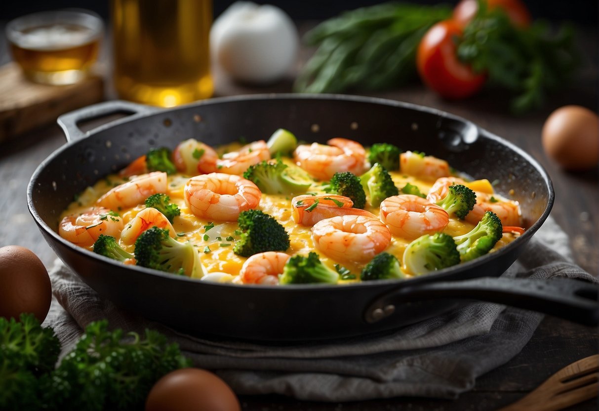 A sizzling pan with sizzling king prawns, eggs, and vegetables being expertly folded into a fluffy omelette