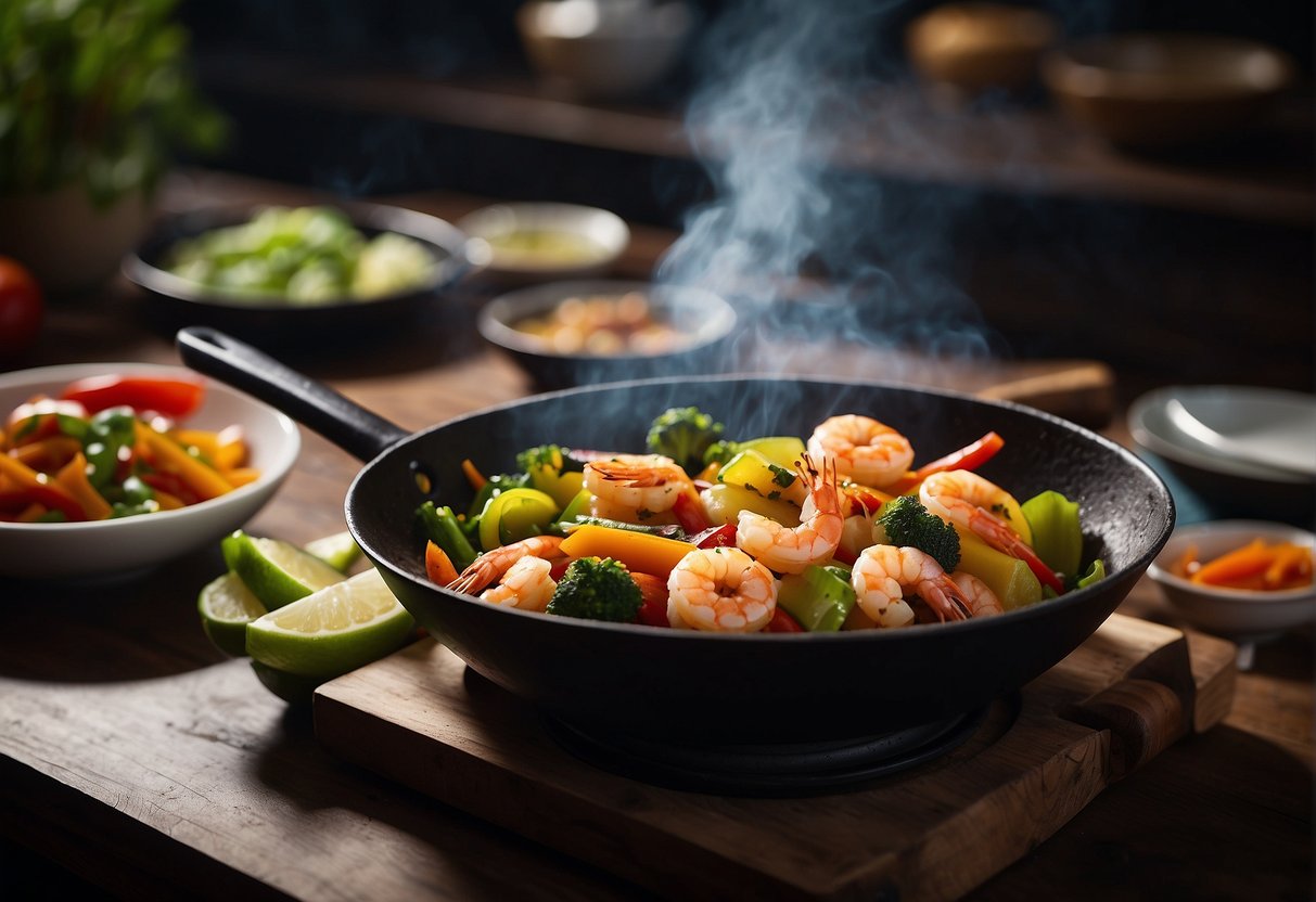 A sizzling wok stir-fries prawns and colorful vegetables in a fragrant blend of garlic, ginger, and soy sauce