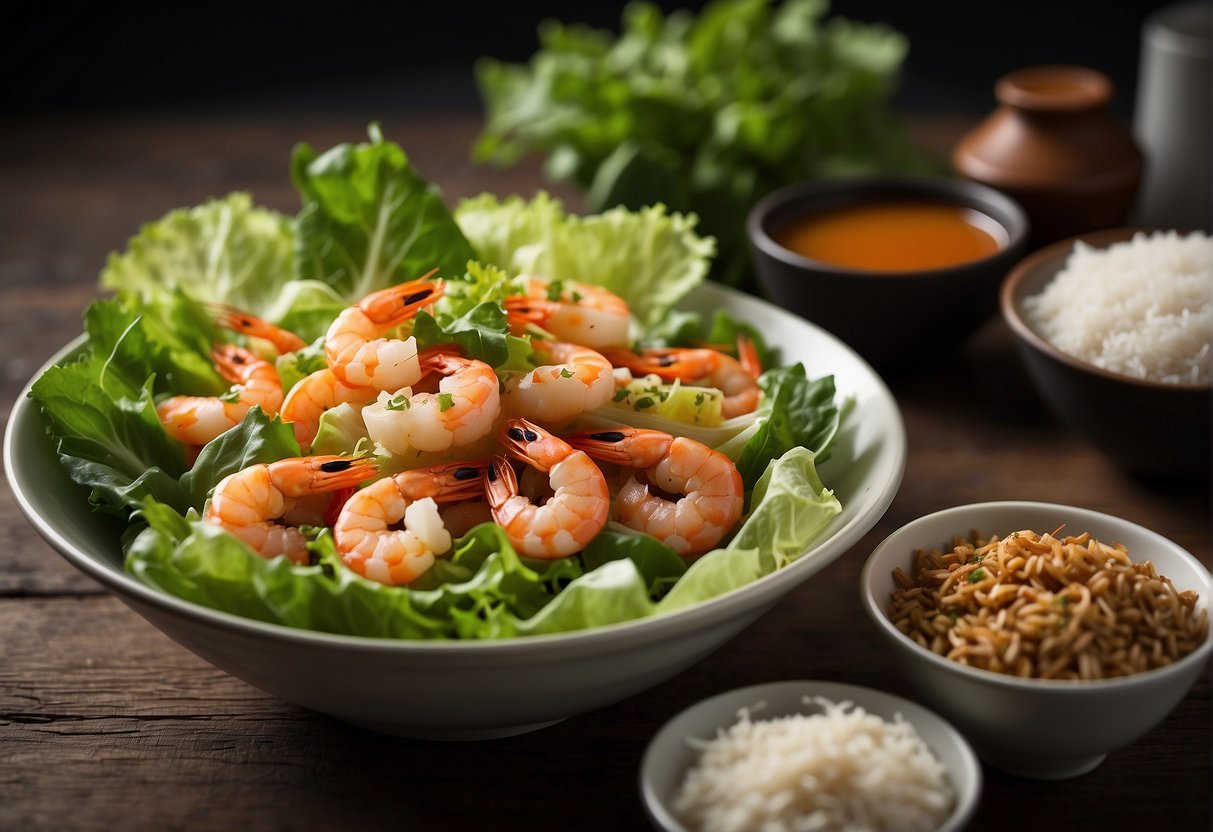 A table set with prawns, lettuce, and rice paper. Bowls of hoisin sauce and shredded vegetables nearby for substitution