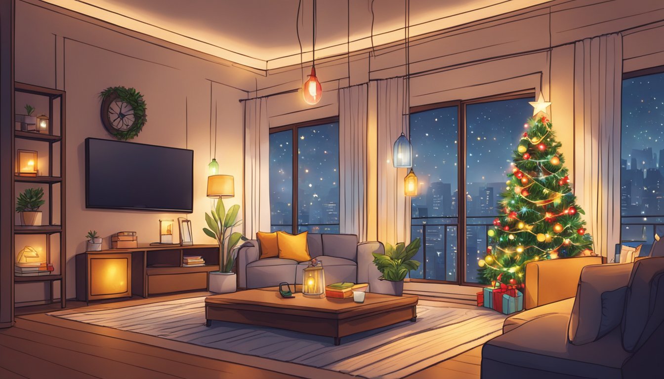 Colorful Christmas lights hanging in a cozy living room in Singapore. Warm glow illuminates the space, creating a festive and joyful atmosphere
