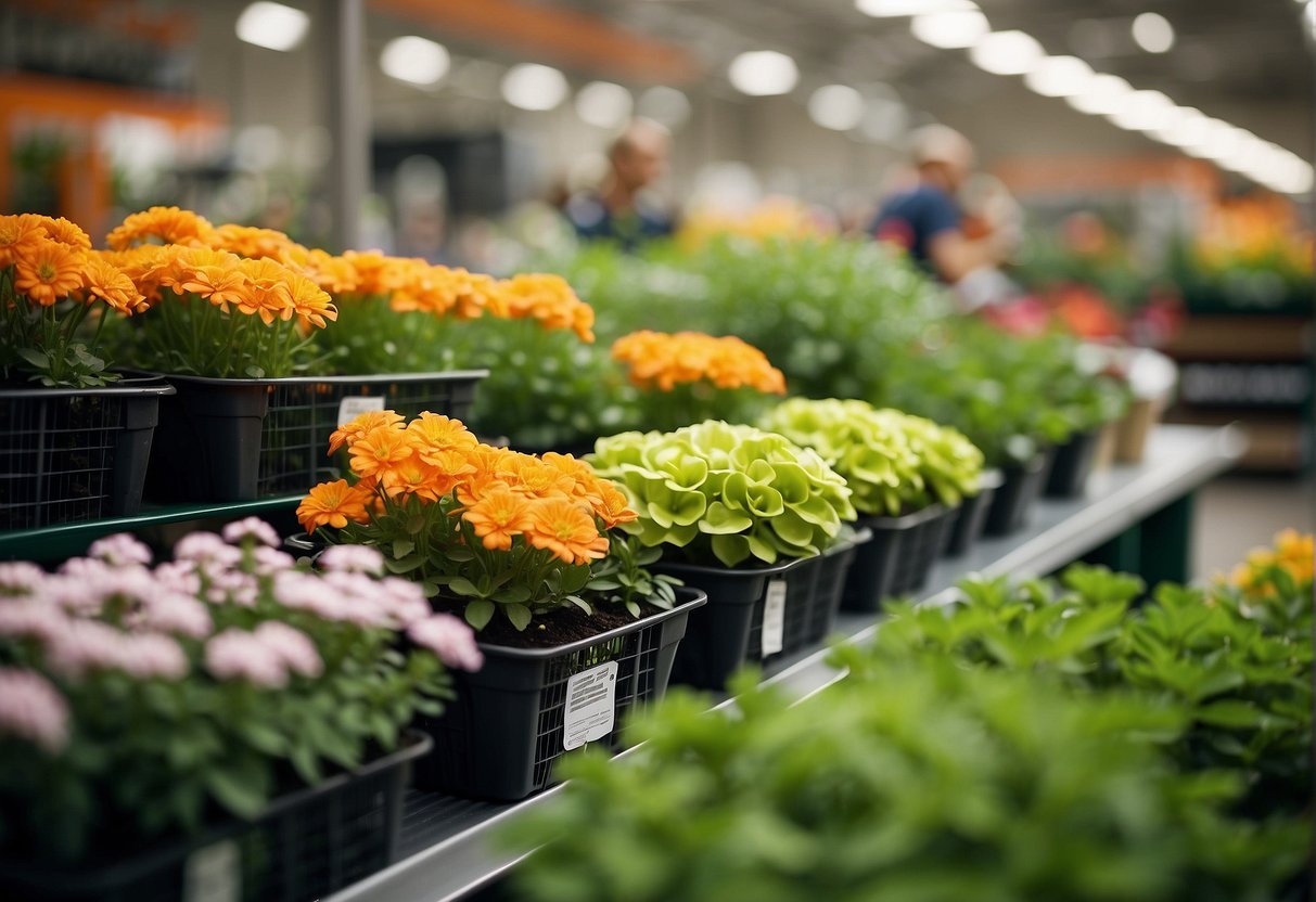 Home Depot's outdoor plant section bustling with customers, colorful blooms and green foliage on display, signage indicating regional plant variations