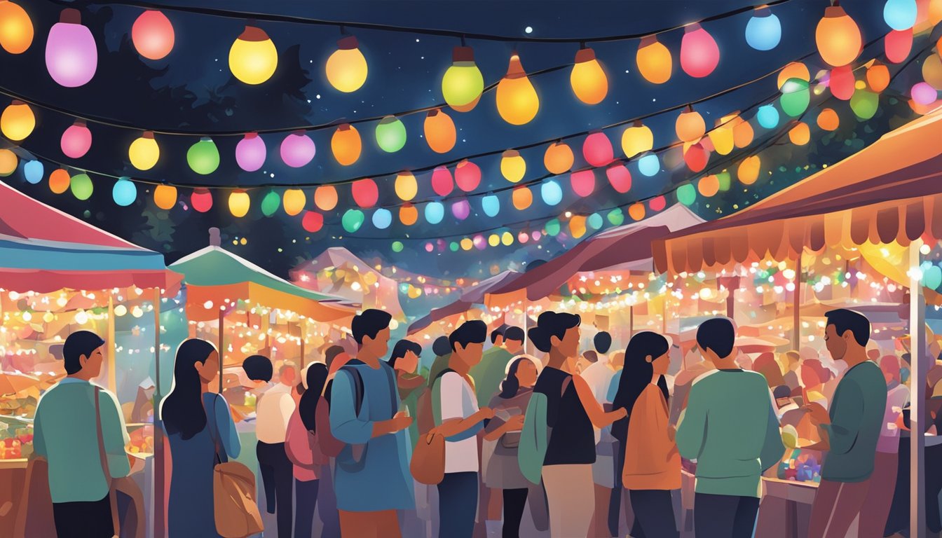 People browsing colorful Christmas lights at a market in Singapore