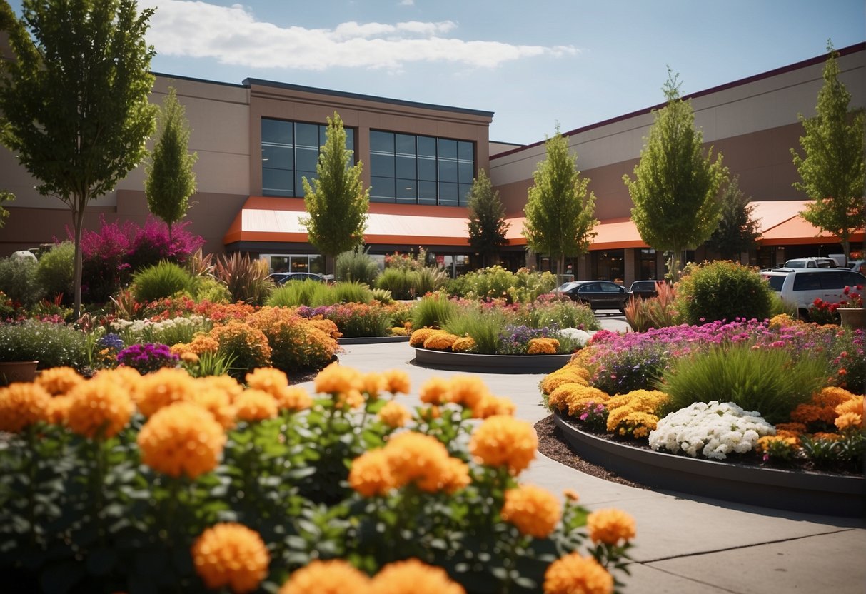 Home Depot sells various outdoor plants: colorful flowers, lush shrubs, and tall trees. The display is organized by type and size, with vibrant signage