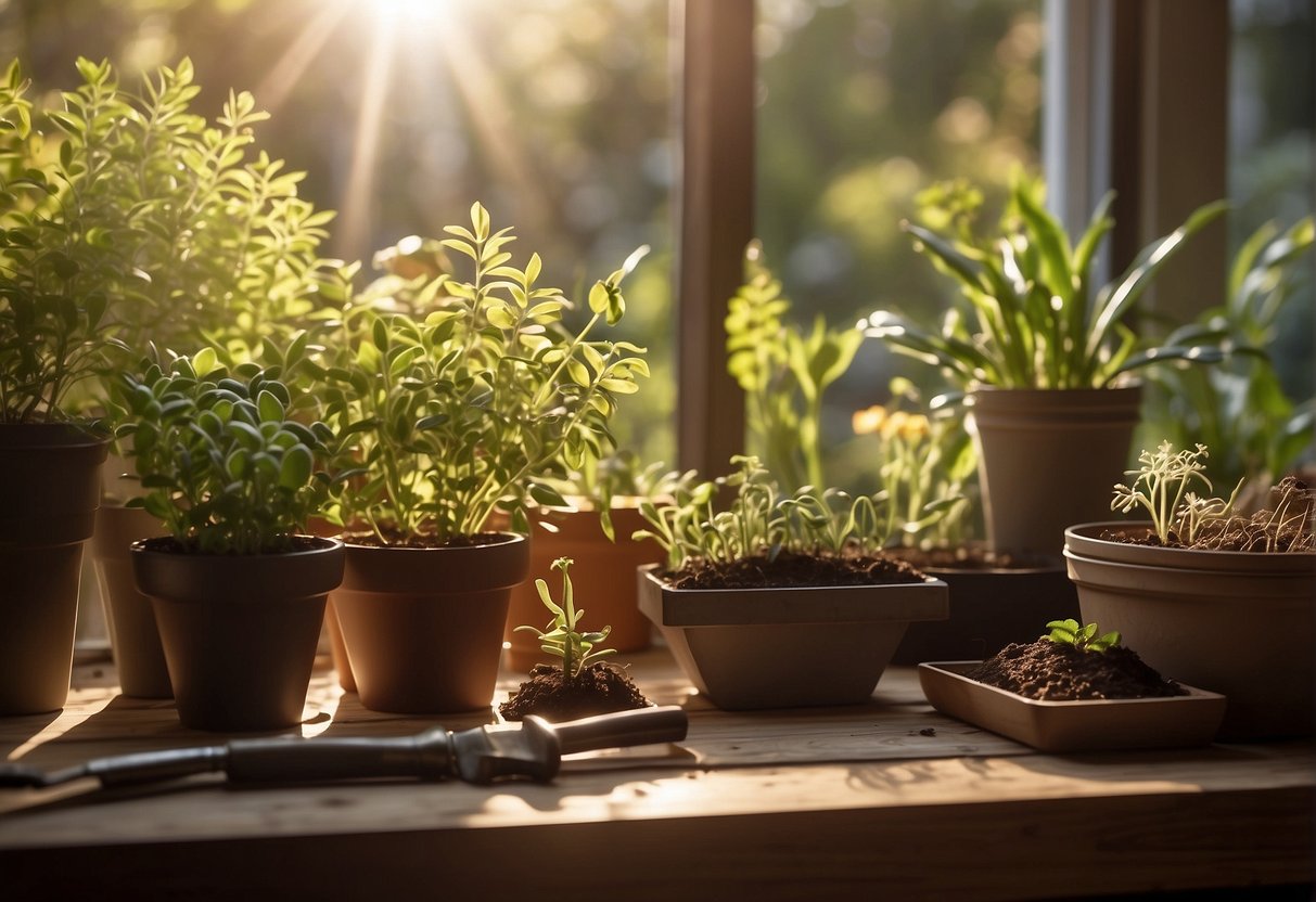 Gardening tools and planters arranged on a wooden table. Sunlight streaming in through a window, illuminating packets of seeds and bags of soil